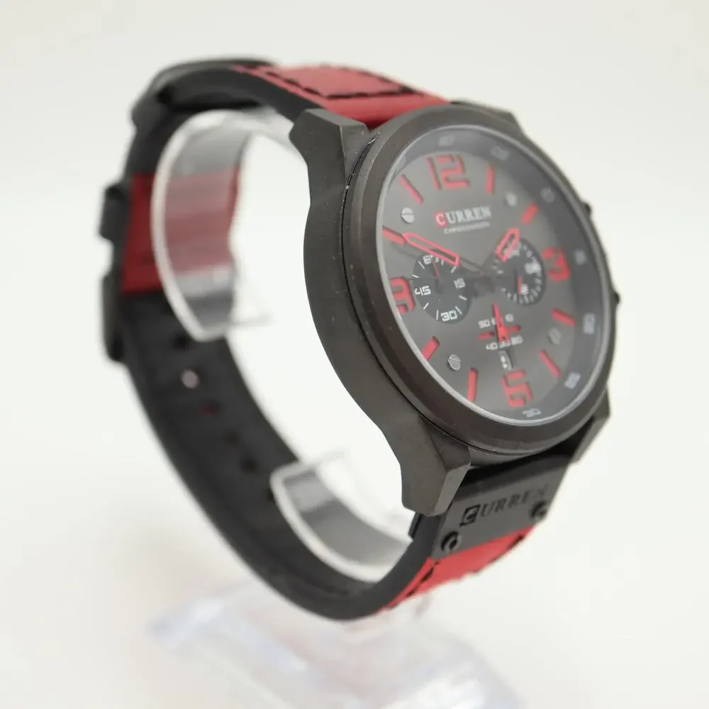 Curren Black Red Jumbo 48mm Chronograph Watch Genuine Leather w New Battery